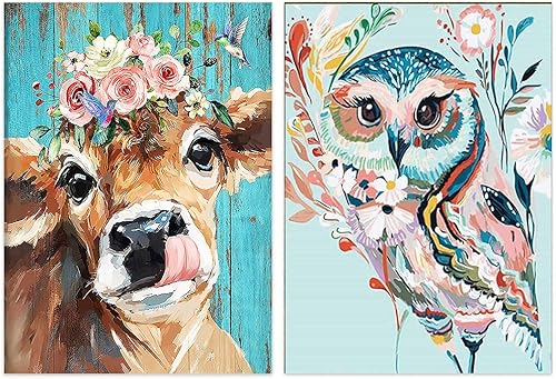 Kits de pintura de diamantes de 2 piezas para adultos y niños 5D DIY de taladro completo gemas de arte redondas de búho y vaca arte de diamantes