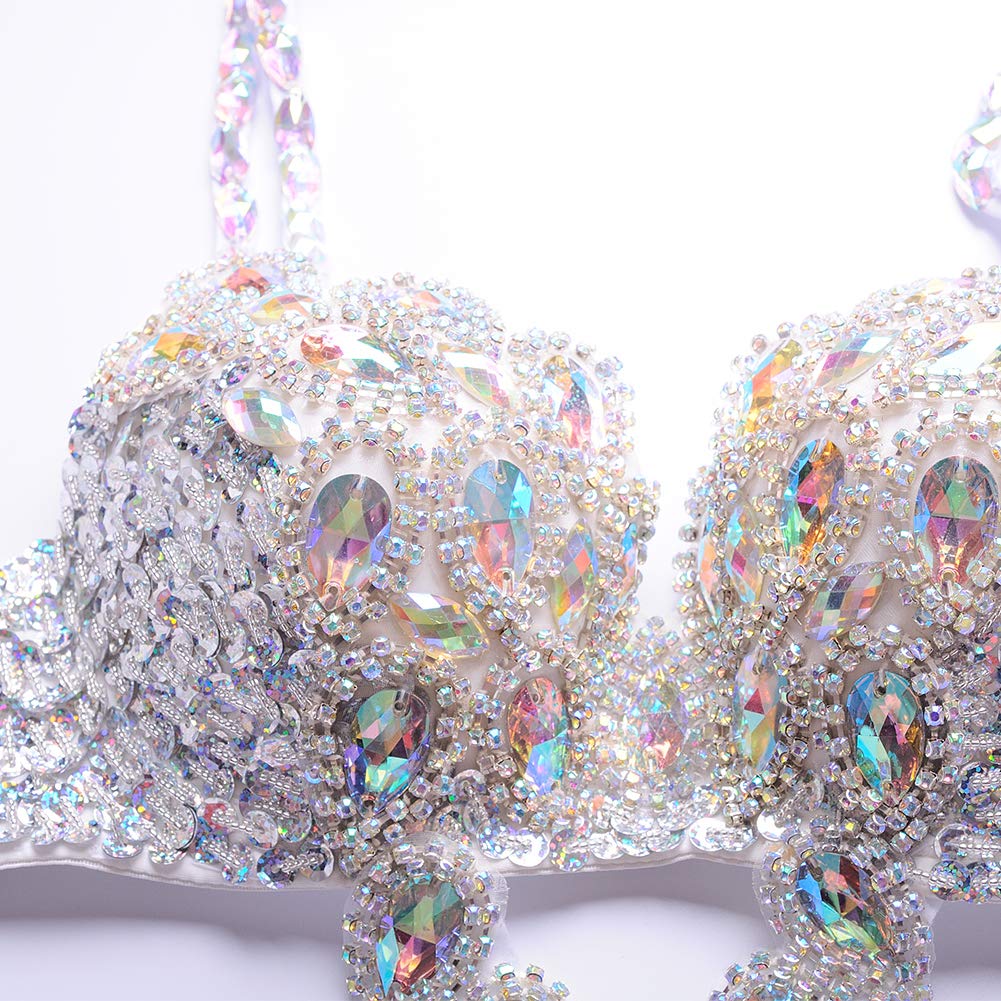 ROYAL SMEELA Bauchtanz BH Gürtel Set Damen Bauch Tanz kostüm für Frauen Sexy Glänzend Silber Strass BH Gürtel Tribal Halfter Hals Halter BH Gürtel Anzug Bauchtanz Kostüm Damen Bauch Tanzen Kleidung