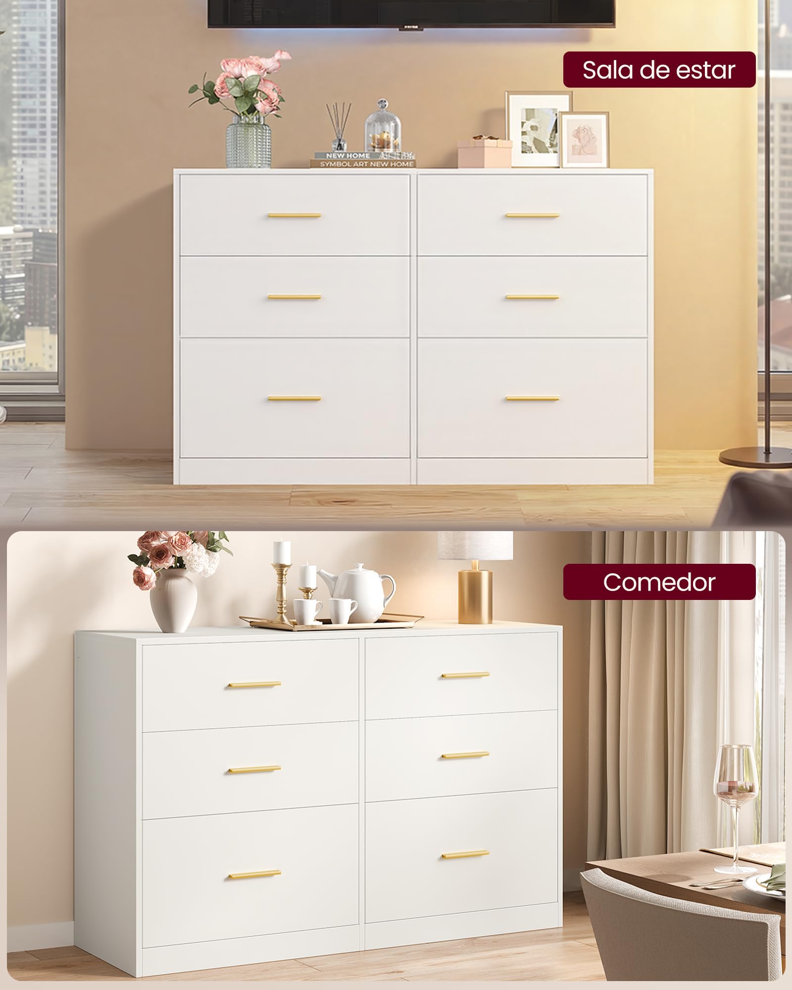 VASAGLE Custos Colección - Cómoda para Dormitorio, Mueble Almacenaje con Cajones, Soporte Moderno para TV de Salón, 6 Cajones, 40 x 119 x 78 cm, Blanco Nube LTS416WB01