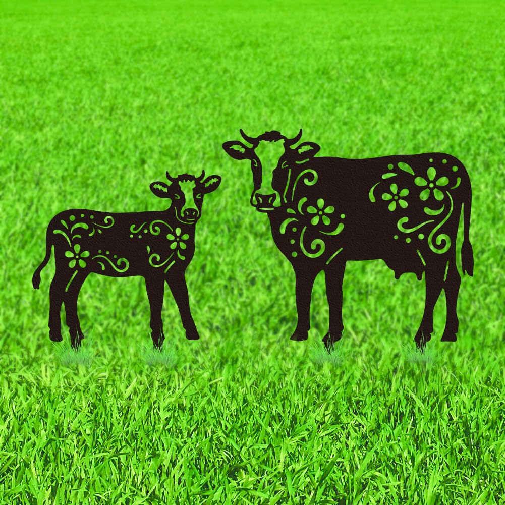 WADORN Cow Metal Outdoor Statues Silhouette, Funny Cow Metal Decorative Garden Stakes Cow Flower Silhouette Ornament Gifts Funny Outdoor Decor for Garden Backyard Patio Lawn Walkways Outdoor