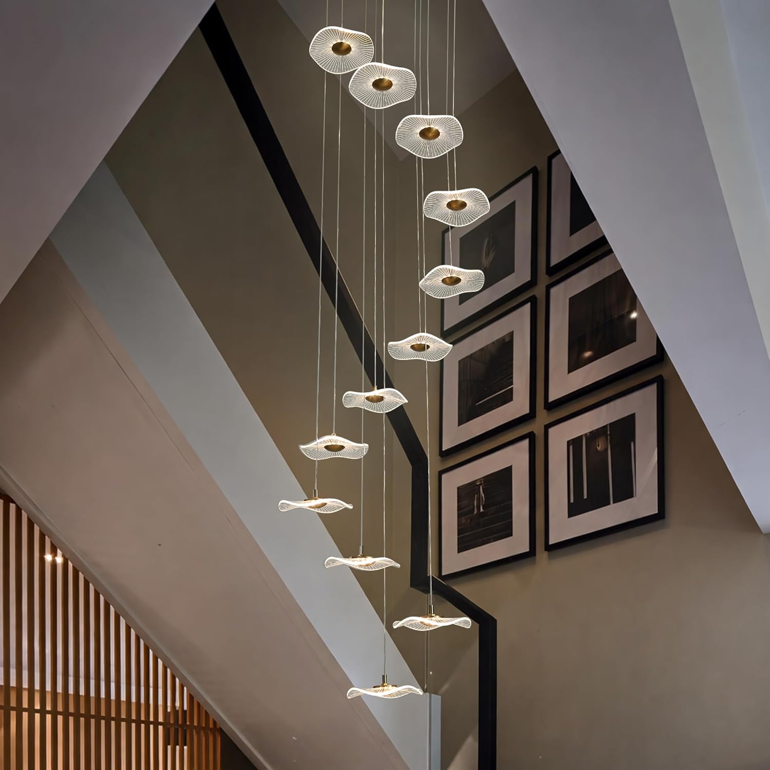 12-Light Modern Gold High Ceiling Chandelier with Remote, Dimmable LED Lotus Leaf Linear Pendant Lighting Fixture for Living Dining Room, Foyer, Enterway