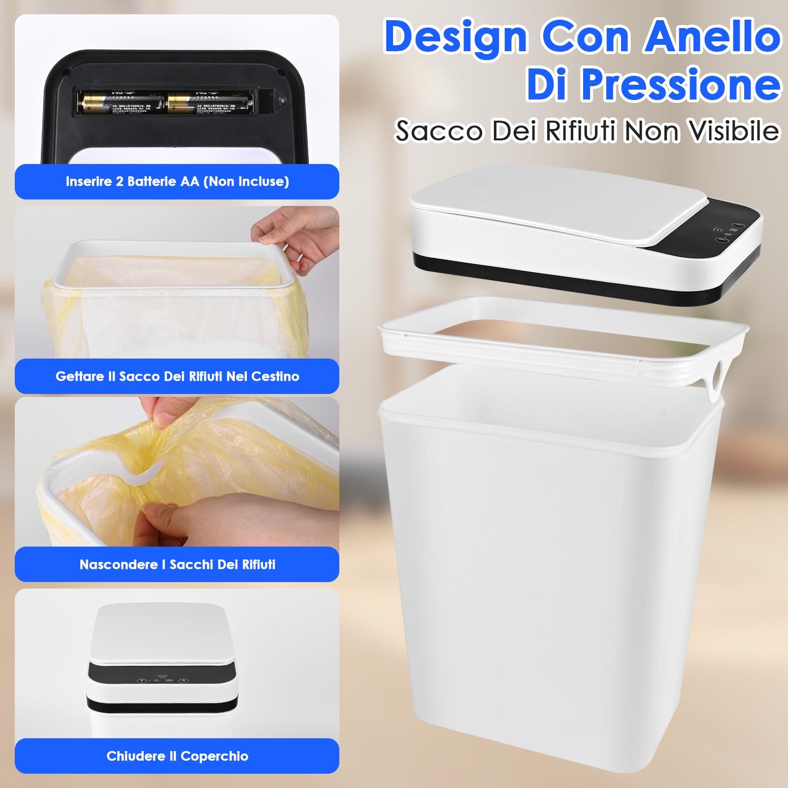 2 Cestino Bagno Pattumiera, Cestino Spazzatura Bagno Piccola da 12 litri, 3 Modalità di Funzionamento, Cestino Intelligente Silenzioso e Impermeabile, per Cucina, Ufficio, Soggiorno