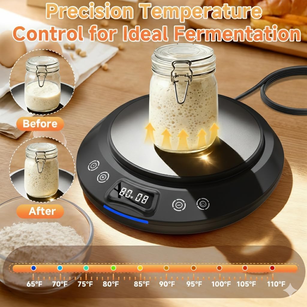 Sourdough Starter Warmer，2026 Upgrade Heating Plate, Bread Maker Machine Helper, 1°F Control (65–110°F), 24H Timer, Sourdough Tools，Perfect for Home Baking (Black)