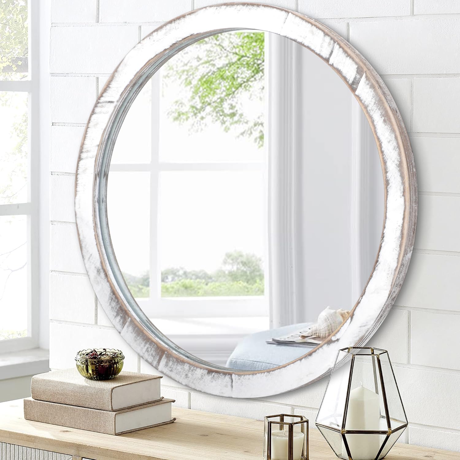 JJUUYOU Espejo de Pared Redondo, Espejo Circular pequeño Blanco rústico para baño, Espejo Circular, Espejo para el hogar, Espejo con Marco de Madera para Sala de Estar, Dormitorio, Entrada y más