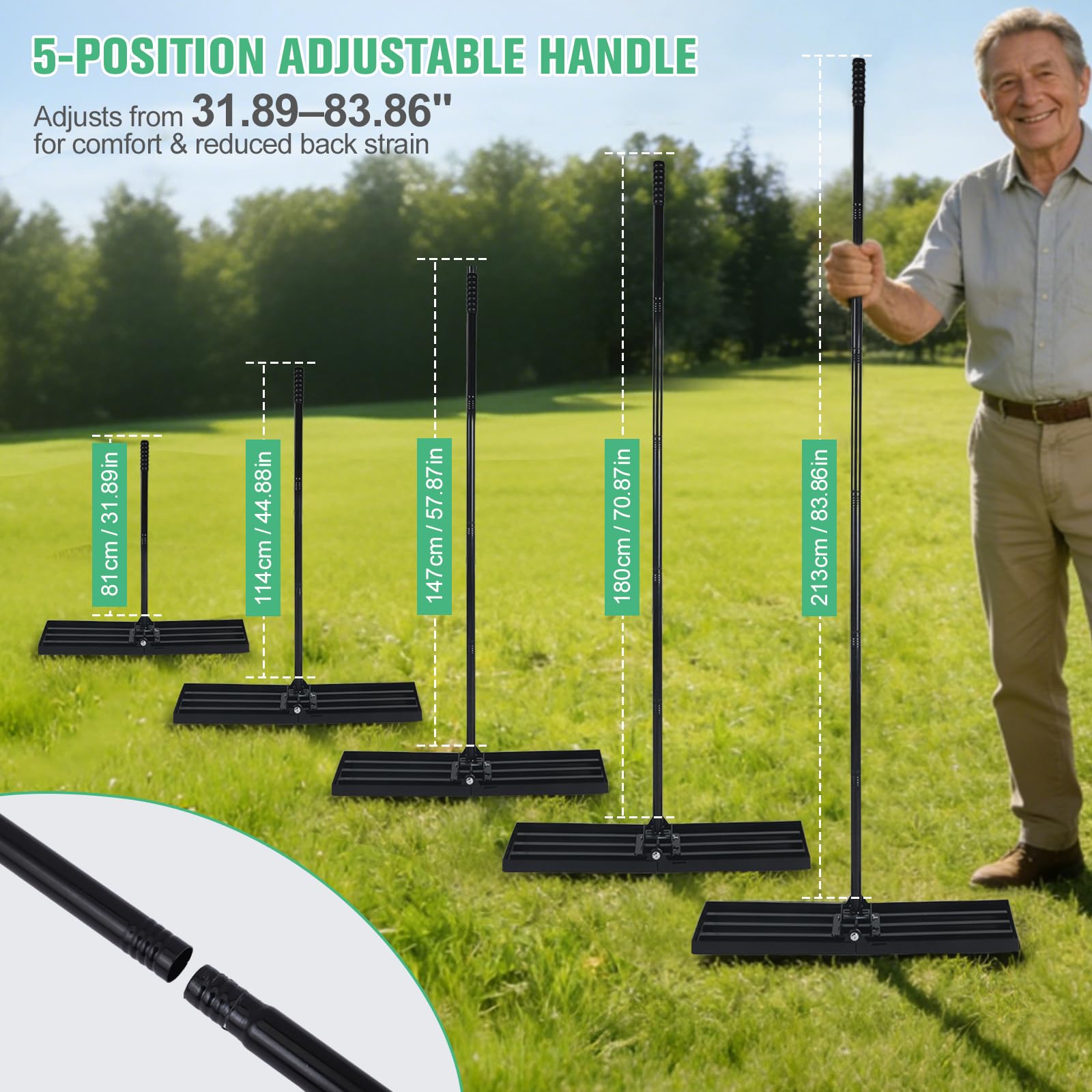Rastrello 2 in 1 con manico regolabile (81 – 213 cm) e testa pieghevole – Attrezzo da giardino durevole in ferro per livellare terreno, sabbia e terriccio