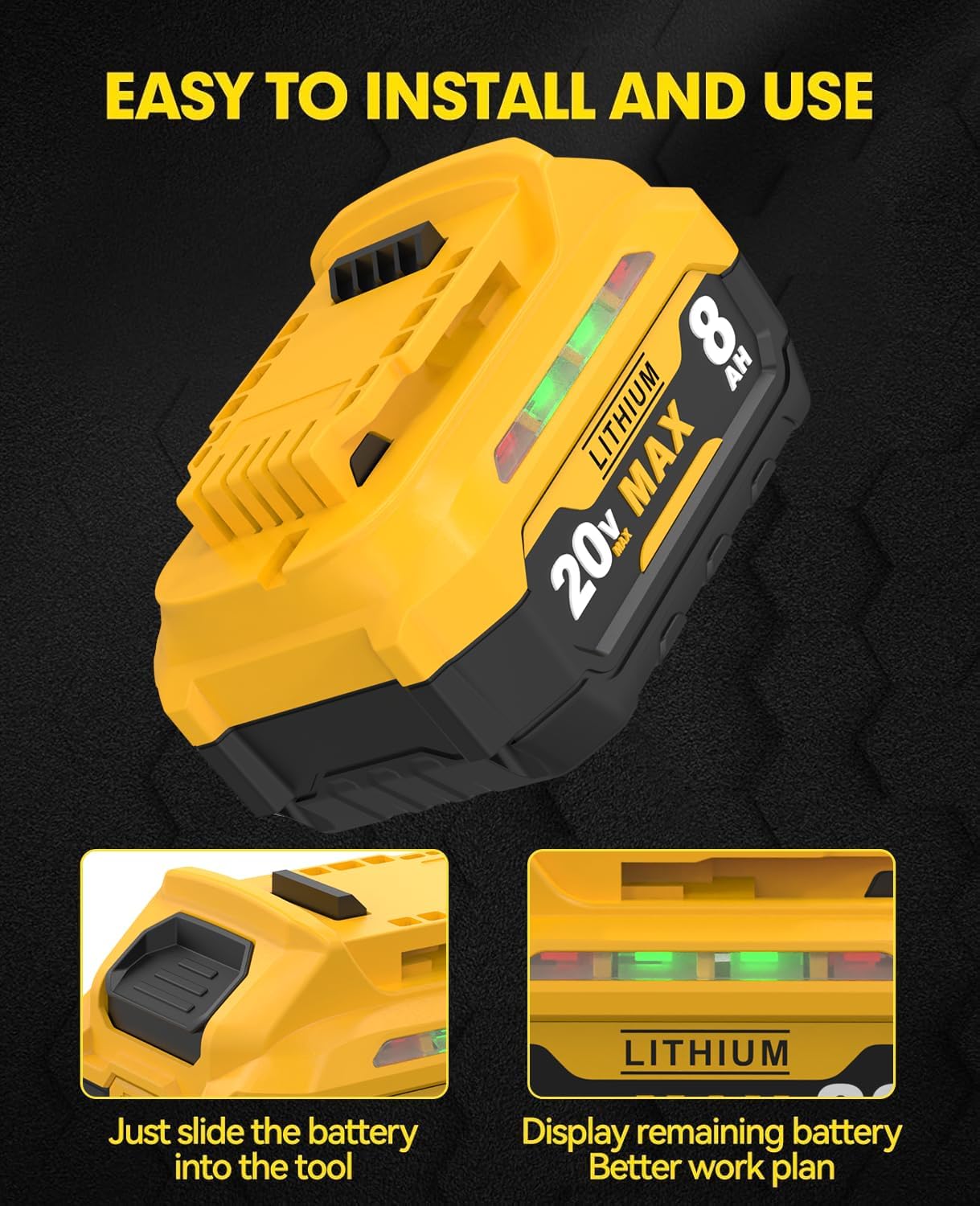 4-Pack 8000mAh 20V Max Lithium-Ion Battery (Compatible with Dewalt) - Replacement for Models DCB201, DCB200, DCB206, DCB207 - Compatible with Dewalt 20V Max Cordless Power Tools and Chargers