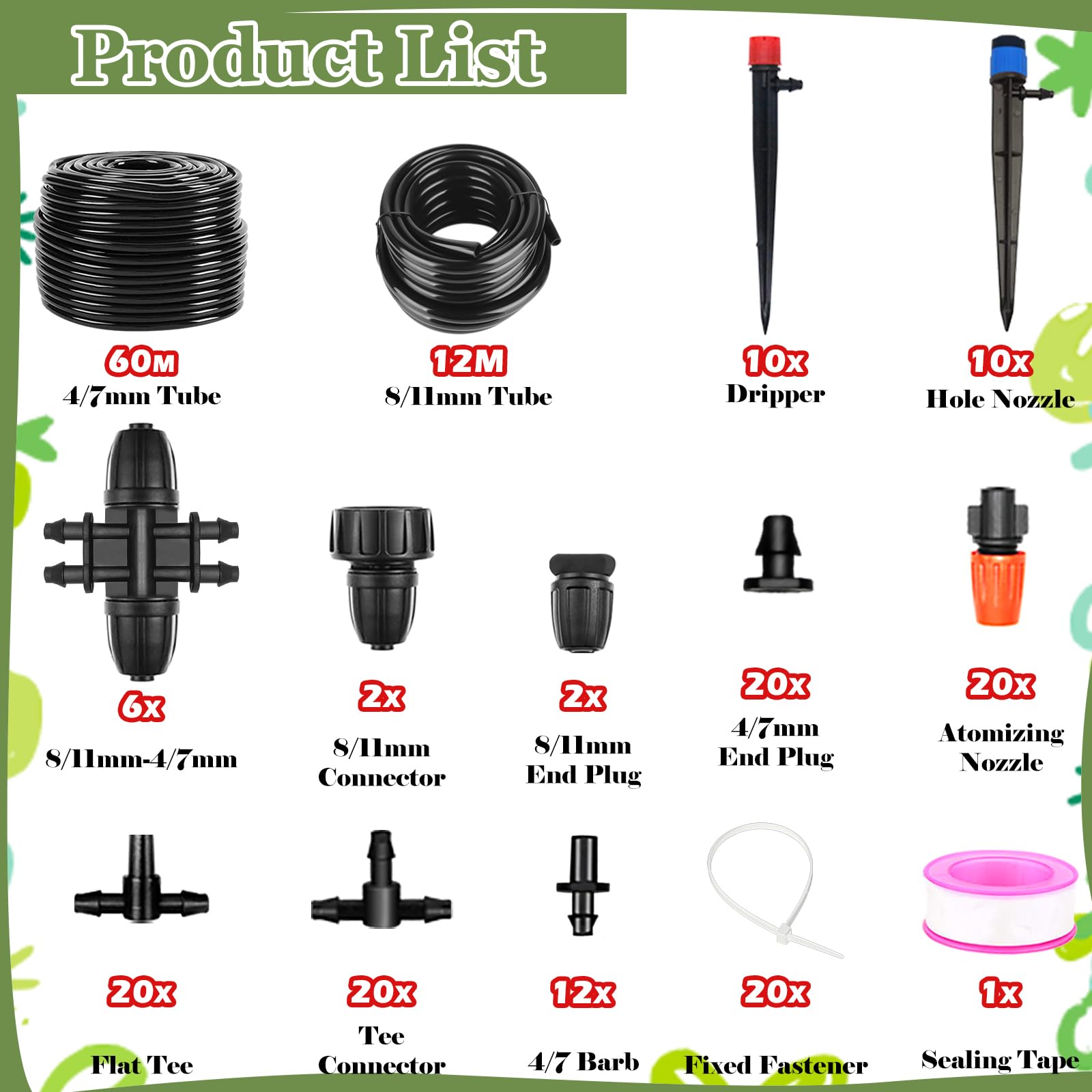 Kit de système d'irrigation de 60 m + 12 m, système d'arrosage automatique avec tube d'irrigation principal de 8/11 mm, tube de distribution de 4/7 mm et accessoires, système d'irrigation goutte à