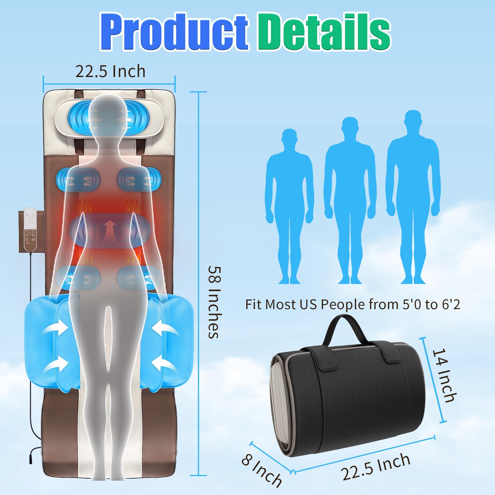 Tappetino massaggio completo con airbag stretching e riscaldamento, trazione lombare, cuscinetto 3D, 4 modalità, 3 intensità, 3 livelli calore, pelle