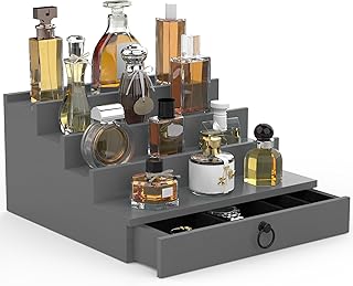 upcessory Cologne Organizer for Men, 4 Tier Grey Wood Perfume Organizer with Felt Lining Drawer and Hidden Compartment, Perfume Display Holder, A Gift for Men