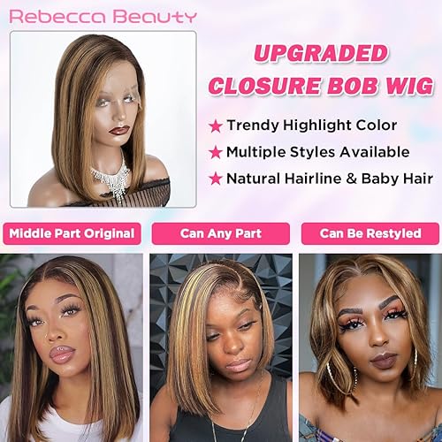 Miniatura 3 de Rebecca Beauty Pelucas de cabello humano ondulado con encaje frontal, peluca de cierre de encaje 4 x 4 prearrancada, cabello humano brasileño para