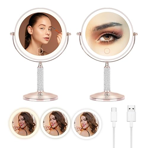 7" Rose Gold Glitter Diamond Rhinestone Makeup Mirror,360°Rotate Round Tabletop