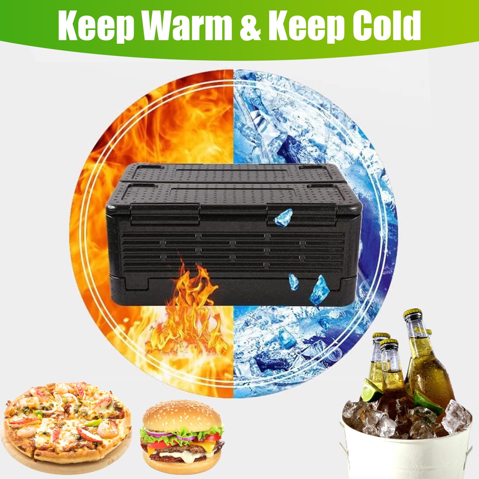 Scatola termica pieghevole da 40 l, in polistirolo, 60 x 41 x 25 cm, per cibo con coperchio integrato, multifunzionale, per campeggio, picnic, cibo e trasporto (nero)