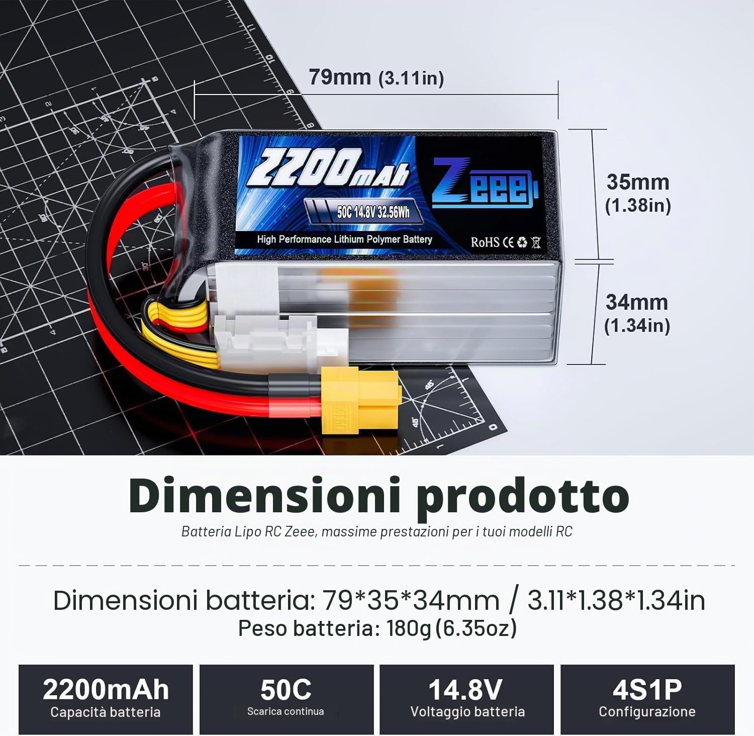 Zeee 4S Lipo 2200mAh 14,8V 50C Batteria RC con connettore XT60 (2 pezzi)