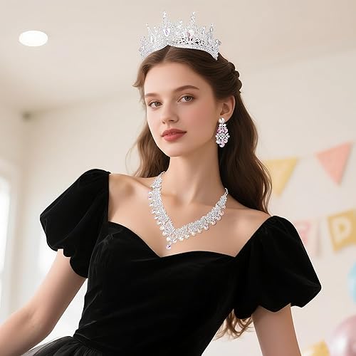 Miniatura 5 de Kamirola Tiaras y coronas para mujer, collar de aretes de tiaras, conjunto de joyas de cristal para novia, fiesta de disfraces, Halloween