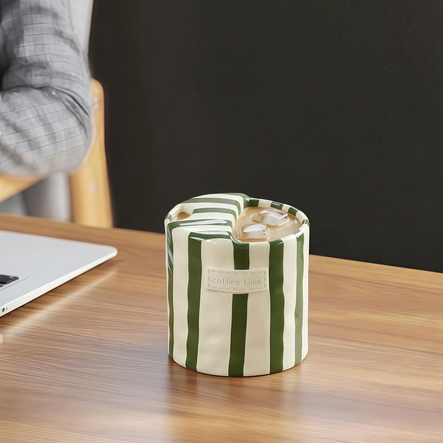 4 Pack Ceramic Coffee Mugs with Sip Hole, Espresso Cup 10oz Coffee Mugs Porcelain Coffee Cup Hand-Painted Striped Art Multiple Use for Kitchen, Dining-Green + Brown (2 cups+2 straw)