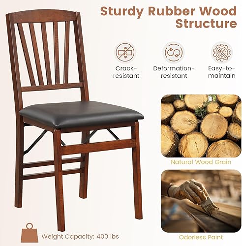 Miniatura 5 de COSTWAY Juego de 2 sillas de comedor plegables tapizadas de madera con asiento acolchado de PVC, marco de madera maciza y capacidad de 400 libras
