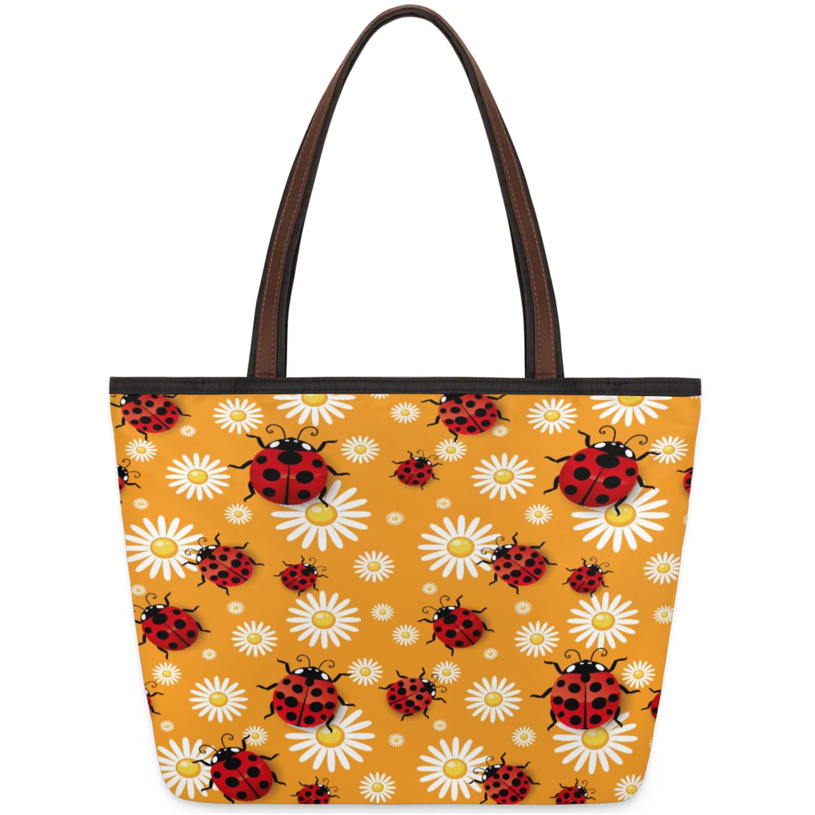 Ladybird Chrysanthemum Flowers Tote Bag Multi Pocket Zippered Beach Bag Lightweight Waterproof Handbag for Women Men Work Gym Travel Swimming Yoga Grocery Shopping L
