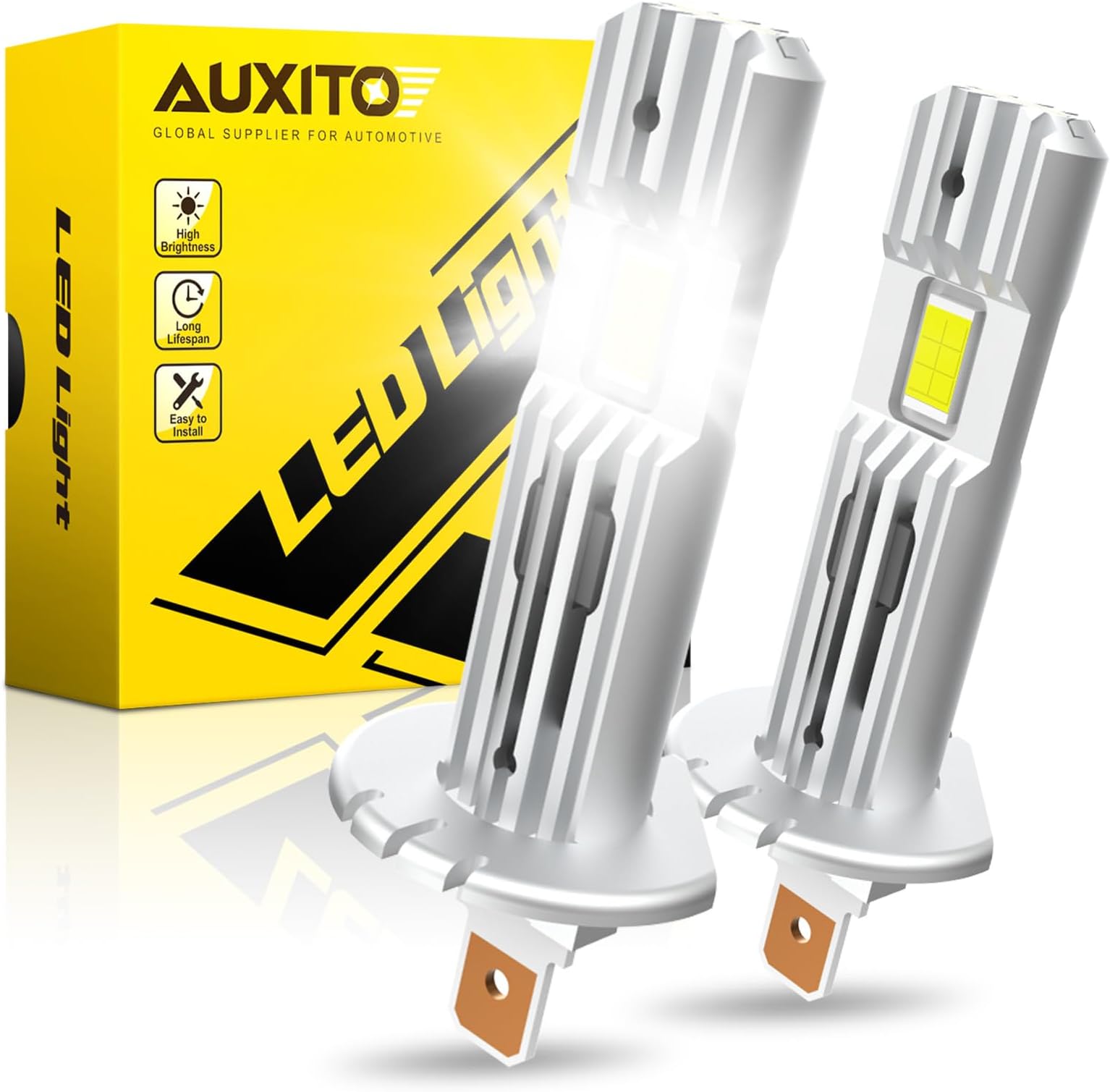 AUXITO 2023 Upgraded H1 LED Bulb, Non-Polarity, 1:1 Mini Size No Adapter Required, 6500K White Fanless H11L Conversion Kit for Hi/Lo Beam Fog Lights, Plug and Play, Pack of 2