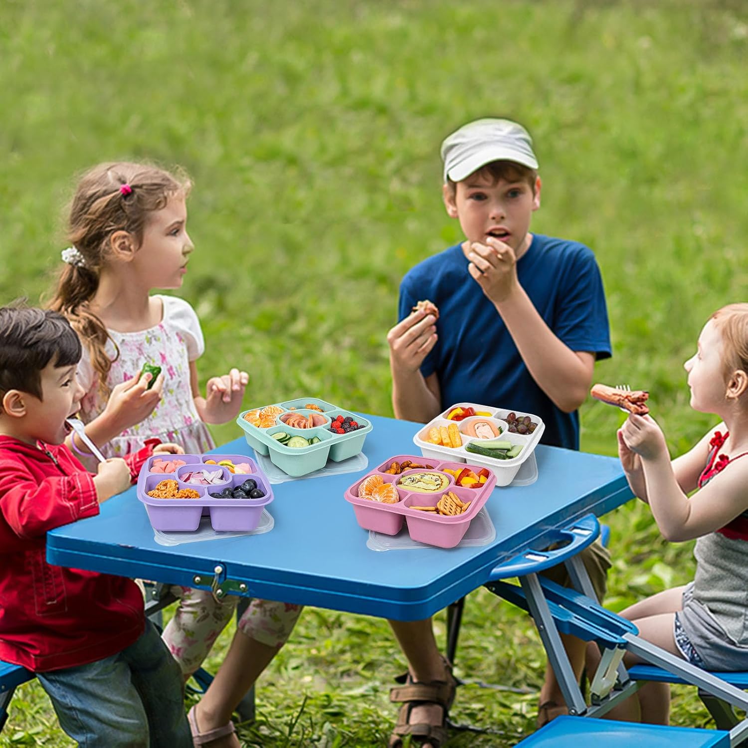 Caperci 5-Pack Lunchable Container Set for Kids & Adults - Reusable Bento Snack Box Containers with 5-Compartment for Food Storage & Meal Prep, Wheat Straw, BPA-Free (Dark & Clear Lids) - Image 7
