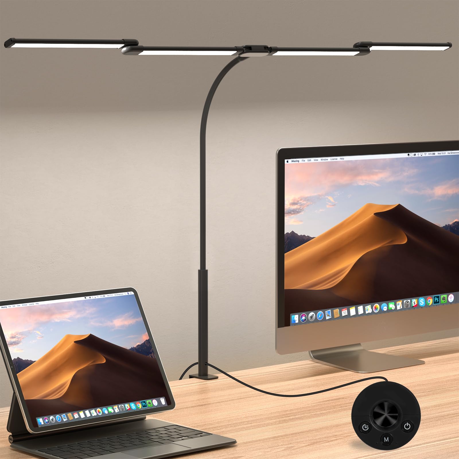 Comely Schreibtischlampe LED Dimmbar 24W, 120cm 2750LM Schreibtischlampen, 4-Led Schreibtischlampe Klemmbar mit 5 Farbtemperatur, Arbeitsplatzleuchte mit 10 Helligkeitsstufen, Schwarz