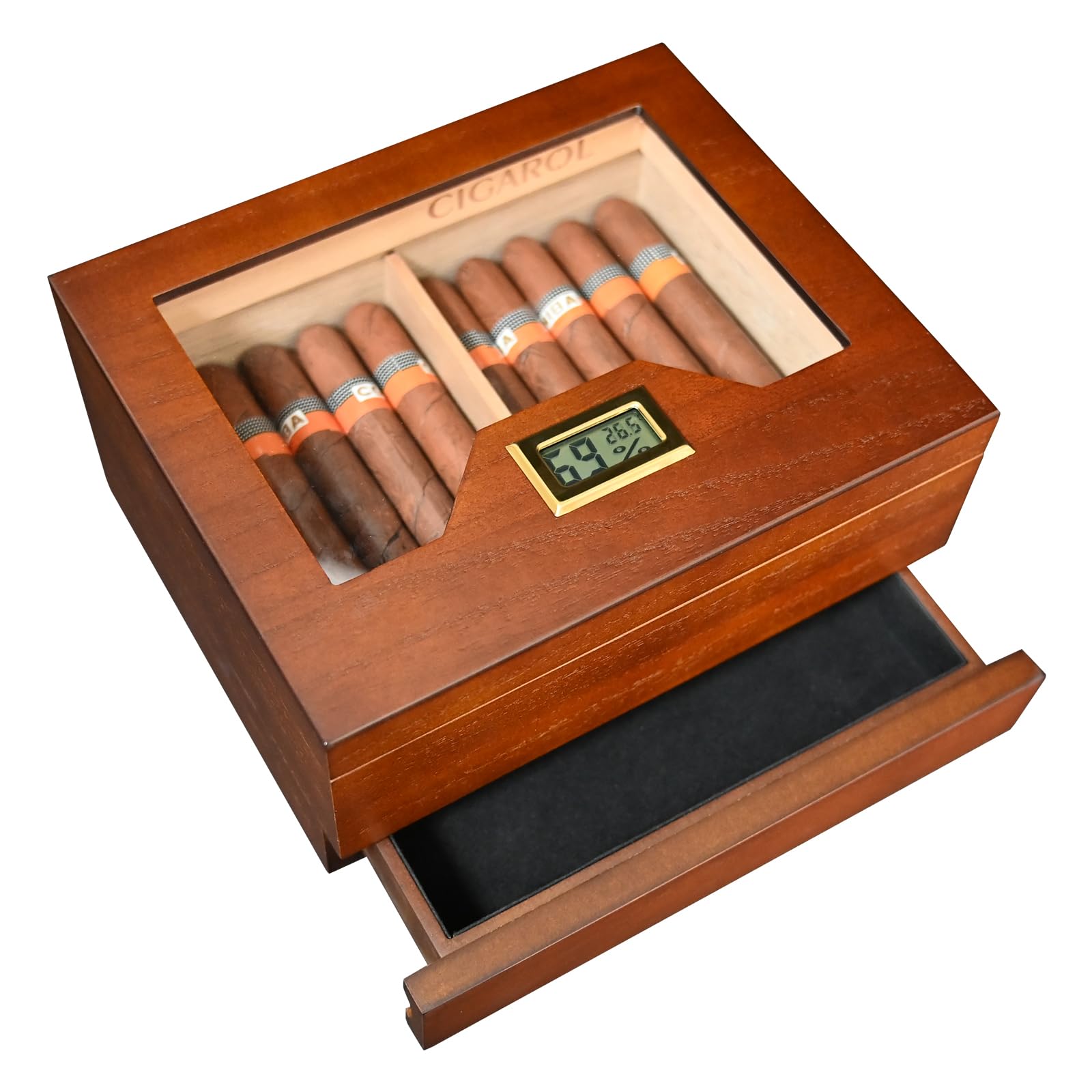 Zigarrenhumidor aus Zedernholz mit Hygrometer & Luftbefeuchter – Für 25-30 Zigarren mit Zubehörschublade, Kirschrotholzkorn