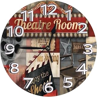 Retro Theater Movie Night Round Wall Clock, Silent Non-Ticking Wall Clock for Living Room, Bedroom, Kitchen and Dining Room Home Decoration