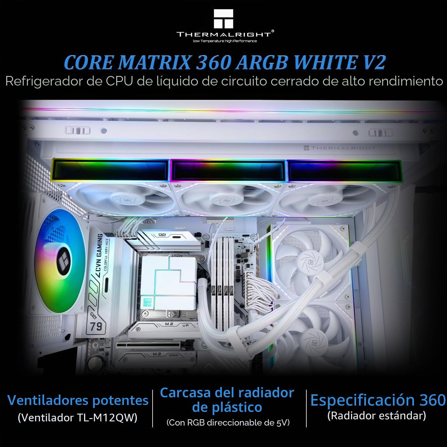 Thermalright Core Matrix 360 ARGB White V2, Enfriador líquido para CPU, AIO de 360mm con efecto de iluminación de espejo infinito, Para AM4/AM5, Intel LGA1851/1700