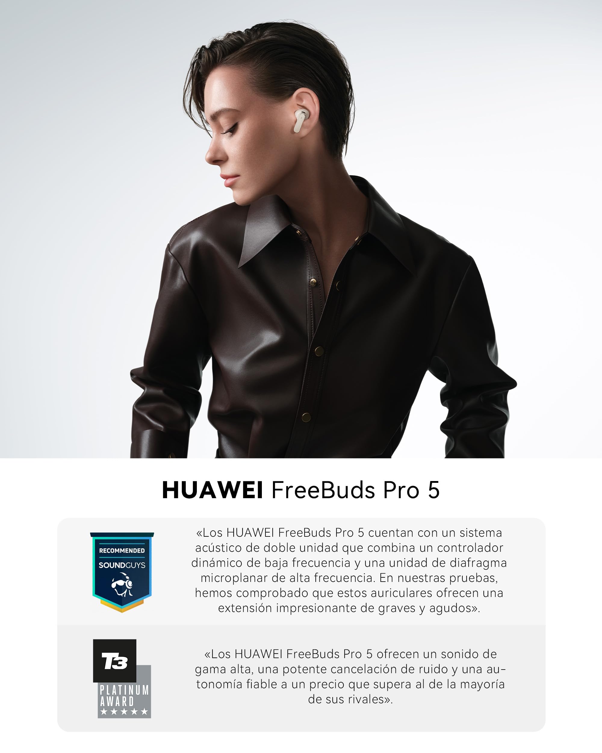 HUAWEI FreeBuds Pro 5 Auriculares Inalámbricos Bluetooth, Blanco | Cancelación de Ruido IA Doble Motor para Negocio Oficina, Ajuste Seguro Sonido Inmersivo, Llamada Estable, Garantía 42 Meses