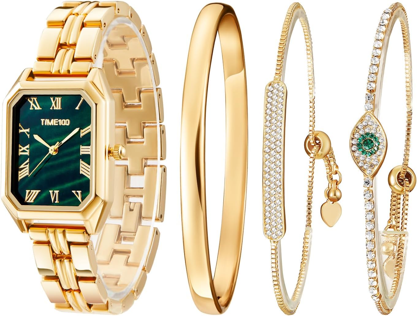 Women's Bangle Watch and Rose Gold Watch Chain Bracelets Rectangle Bracelet Watches Premium Crystal Accented Bangle Set