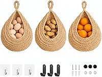 ZZicestar 3-Pack Boho Wall Hanging Fruit Vegetable Baskets 16x13in - Handwoven Kitchen Storage with Hooks for Potatoes Onions Plants