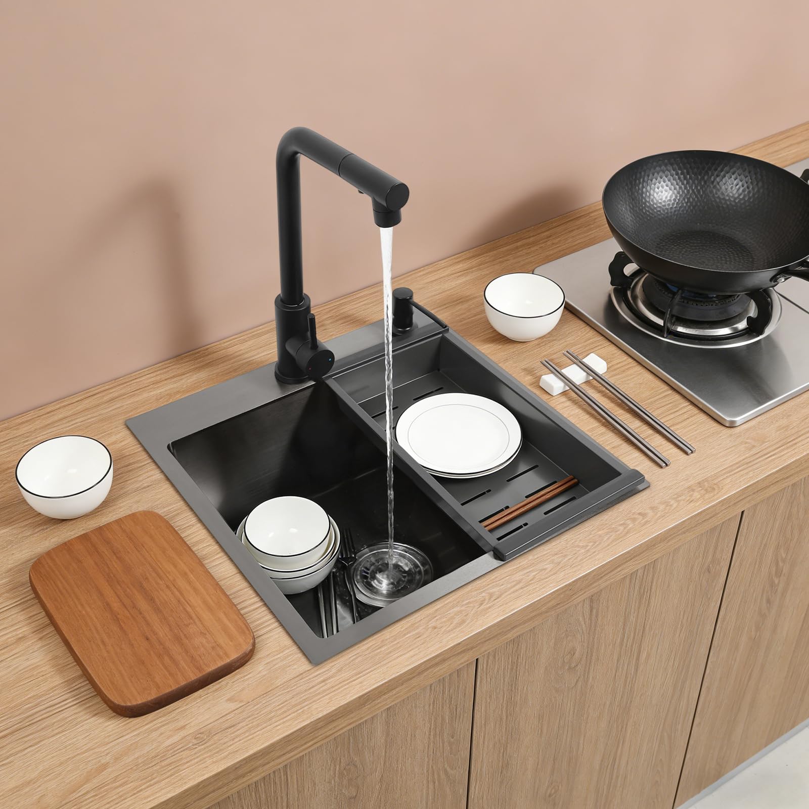 Edelstahl Küchenspüle Schwarz mit Ausziehhahn Nano Beschichtung | 45cm Spülbecken mit Zubehörset, Abtropfkorb, Siphon, Seifenspender für Küche, Restaurant, Haushalt