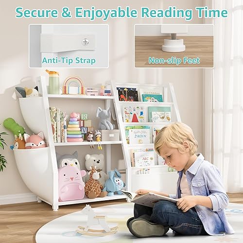 Miniatura 3 de Estantería para niños y almacenamiento de juguetes, organizador de juguetes con estante para libros de 3 niveles, estantería pequeña con eslinga