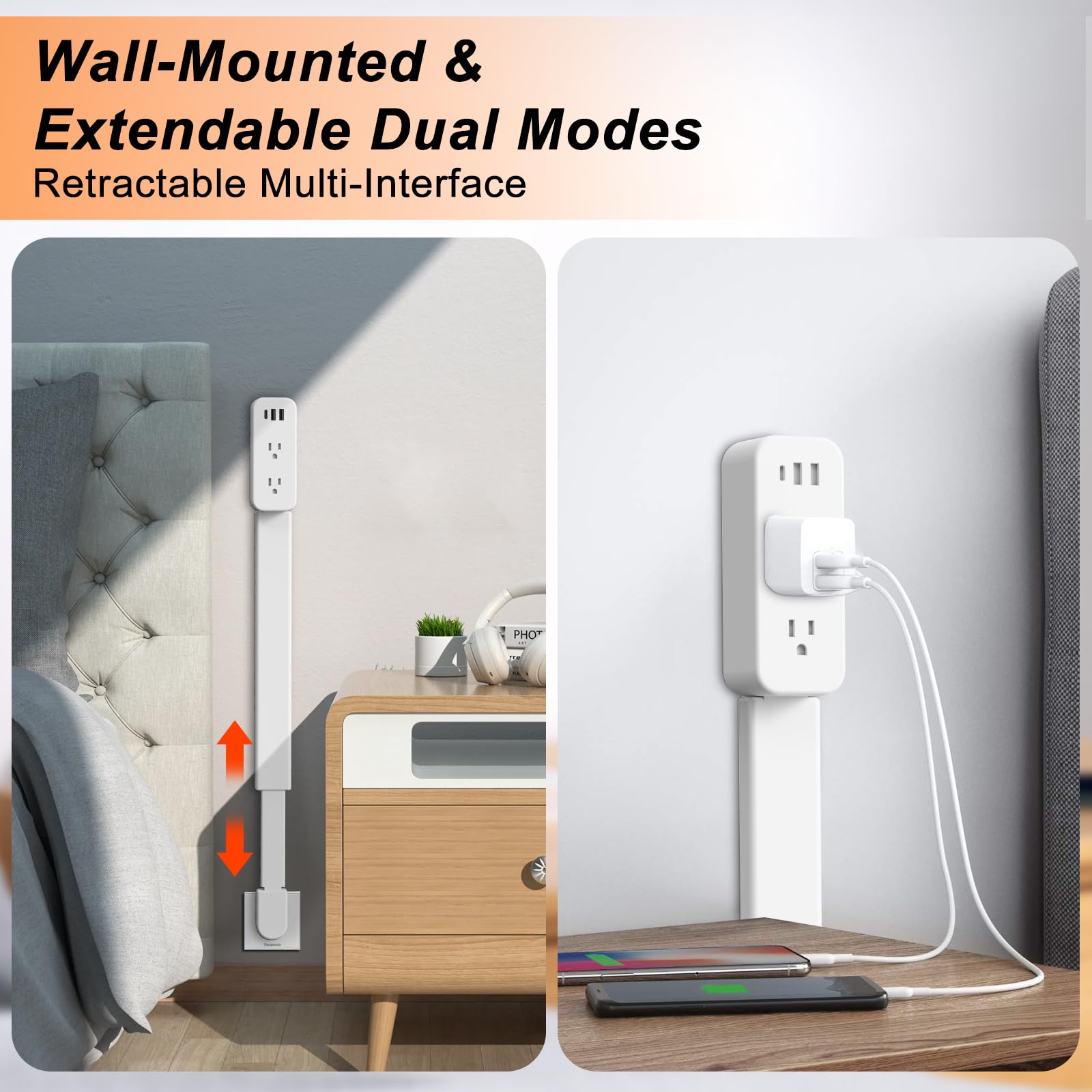 Varilla extensora de toma eléctrica: cuenta con USB-A, USB-C y 2 tomas de CA, se extiende de 22 a 34 pulgadas, gira 180° de acceso de difícil acceso, enchufes de pared expansor de enchufes de