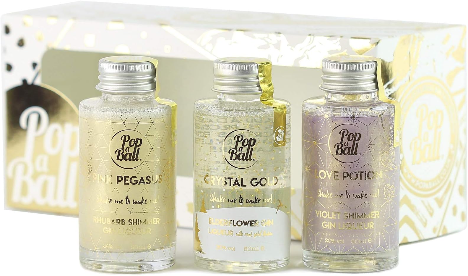 Popaball Glitter Gin Liqueur Gift Set | 3 x 5cl Elderflower, Parma Violet & Rhubarb Flavour | Shimmer Prosecco, Gin, & Cocktail Making Gifts