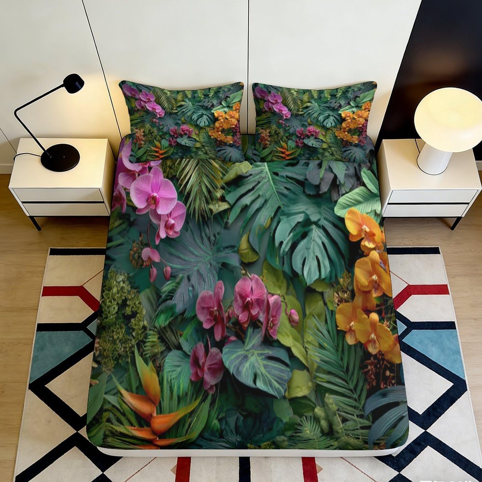 3D Printed Tropical Jungle Fitted Sheet Microfiber Soft Decor Orchid Rainforest Mattress Cover for Bedroom Guest Room 90x200x25cm