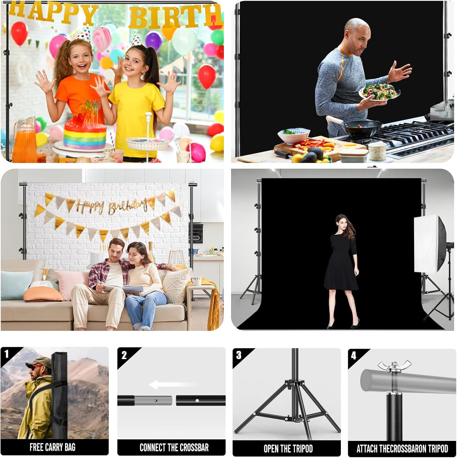 BEIYANG 8.5X10 FT Photo Background Stand with 10X12 FT Black Backdrop Screen, Adjustable Background Holder Support System Kit for Photography Video, Parties Decoration with Carry Bag & Clamps