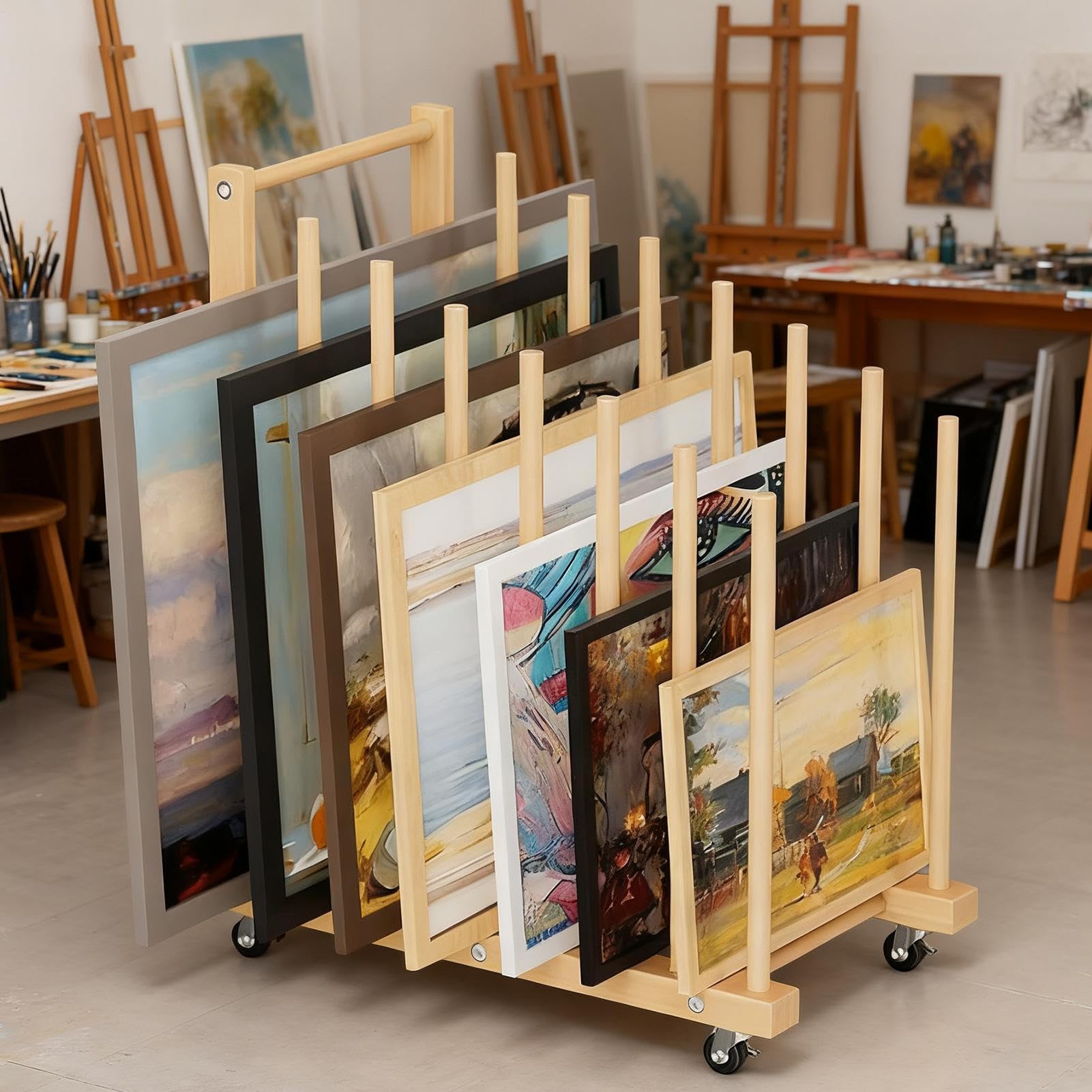 Estante De Almacenamiento De Lienzo Artístico, Diseño De Ruedas Giratorias, Material De Madera De Haya, Organizador De Exhibición De Lienzo, Estante Para Suministros De Arte, Ahorro De Espacio, Para A