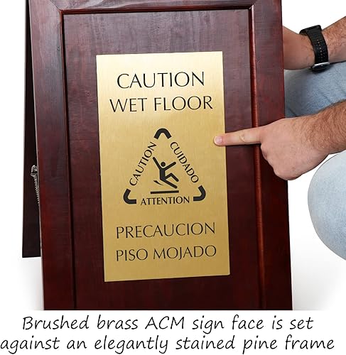 Miniatura 2 de SmartSign Letrero bilingüe de alta calidad con marco en A de madera con símbolo 2 lados 24 x 15 pulgadas marco de pino de madera dura cara de