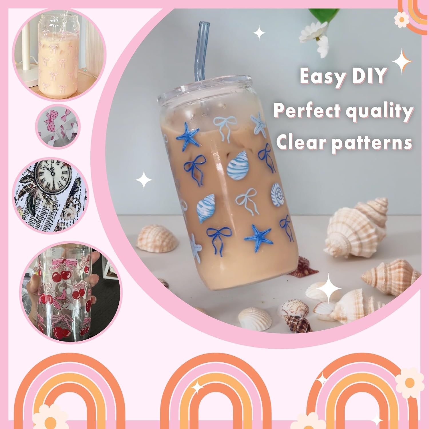 UV DTF Transfer Sheets, 16 oz Cup Wraps, 10pcs Pink Bow and Cherry Patterns, Random Designs