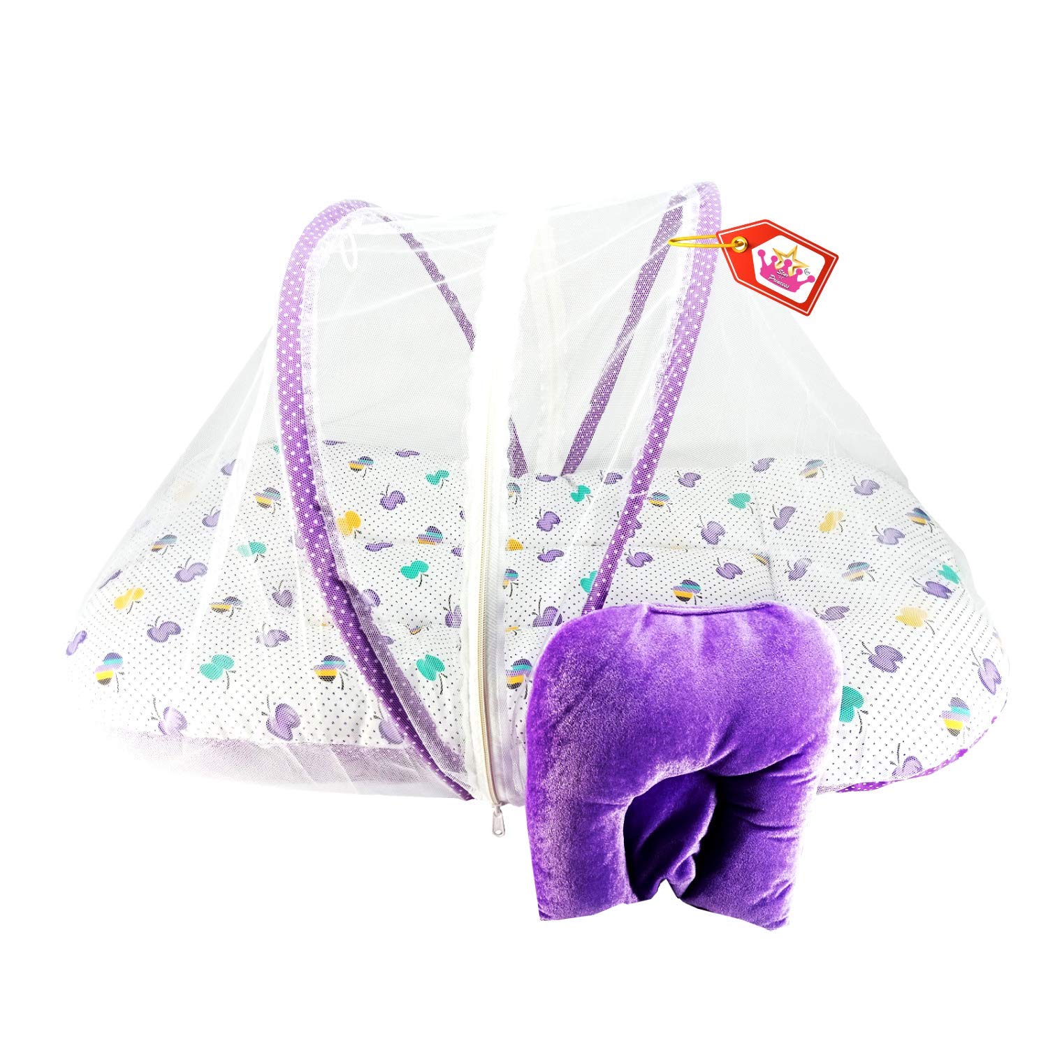Star 'N' Princess ® Baby Mattress with Net Protection Playmat Floor Mosquito Protection Toddler Bedding Set Crib Mattress Apple with Sleeping Pillow for Baby (0 to 12 Months,Purple White)