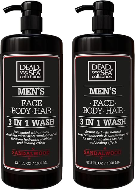 Dead Sea Collection Mens Body Wash - Pack of 2 (67.6 Fl. Oz) - Sandalwood 3 in 1 Body Wash for Men - Face Wash for Men with Shower Gel for Men and Shampoo for Men to Keeping You Feeling Fresh & Cool