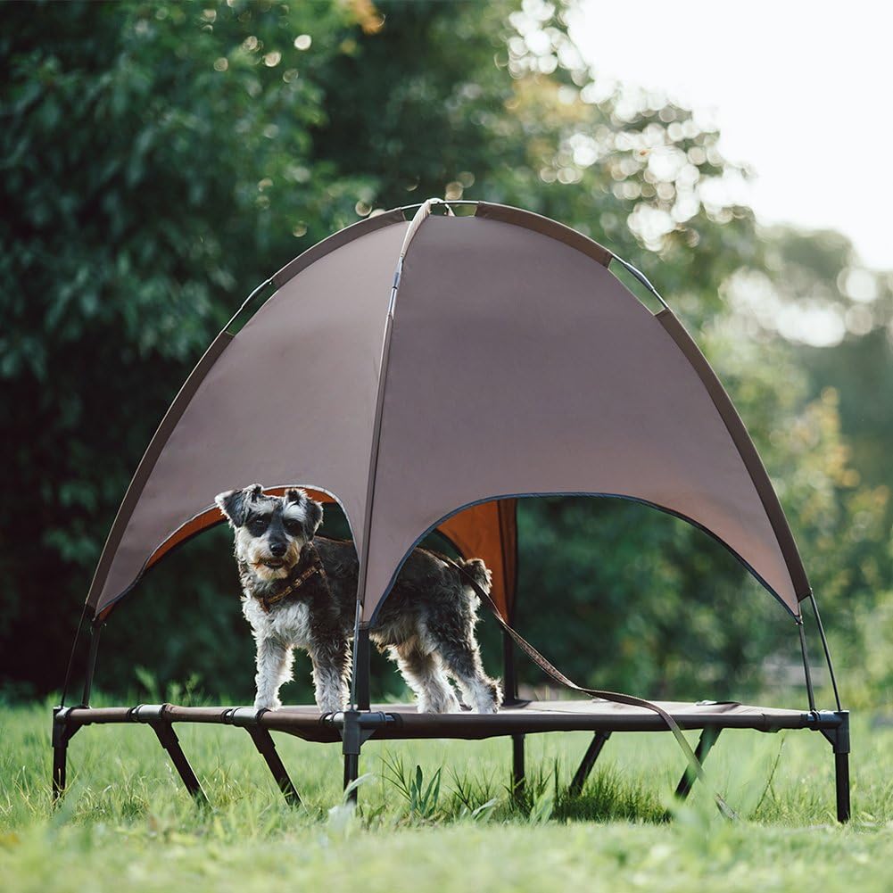 SUPERJARE XLarge Outdoor Dog Bed, Elevated Pet Cot with Canopy, Portable for Camping or Beach, Durable 1680D Oxford Fabric, Extra Carrying Bag - Brown