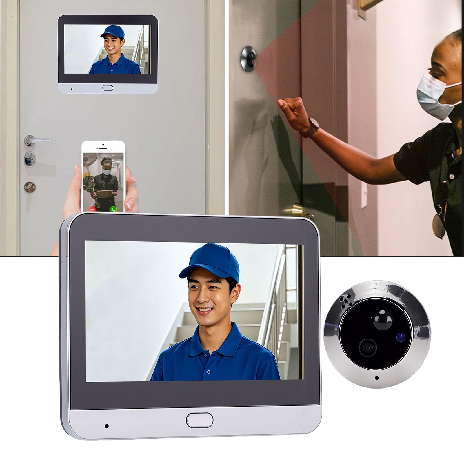 AMONIDA Timbre de Vídeo Inteligente 1080p para Seguridad de Puerta Principal Casa con Pantalla Color 4,3 Pulgadas,WiFi Conversación Bidireccional,áNgulo Ancho 120 Grados,Detección