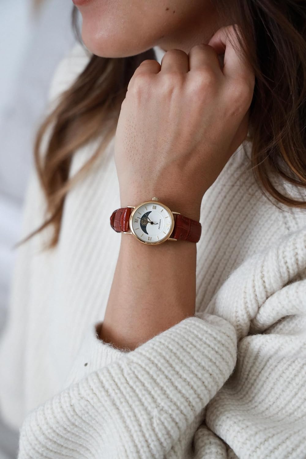 Peugeot Women 14K Plated Sun Moon Phase Vintage Dress Analog Watch with Leather Strap - Image 7