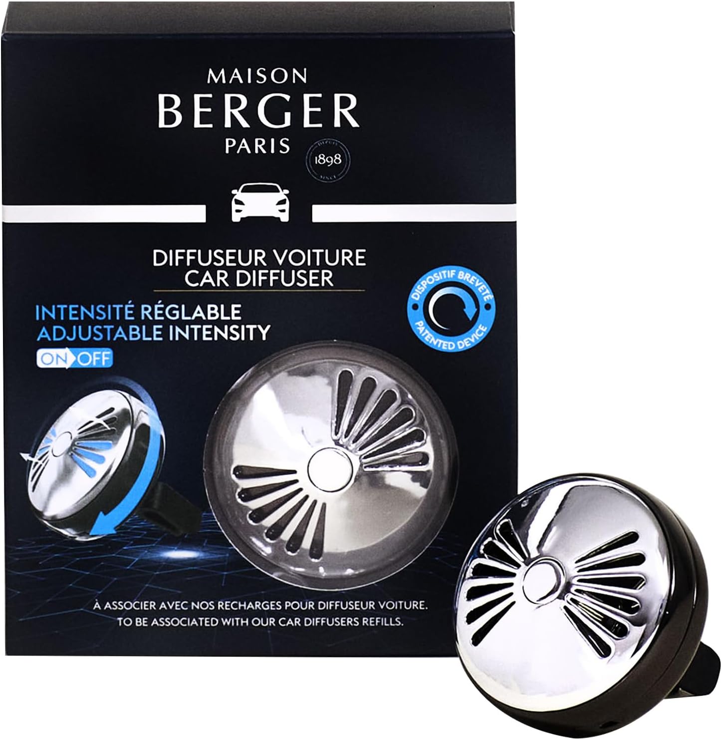 MAISON BERGER - Adjustable Refillable Car Air Freshener Vent Clip Diffuser Set - 1.75" Diameter x 1.25" Depth - Made in France (On/Off Flash - Gun Metal)