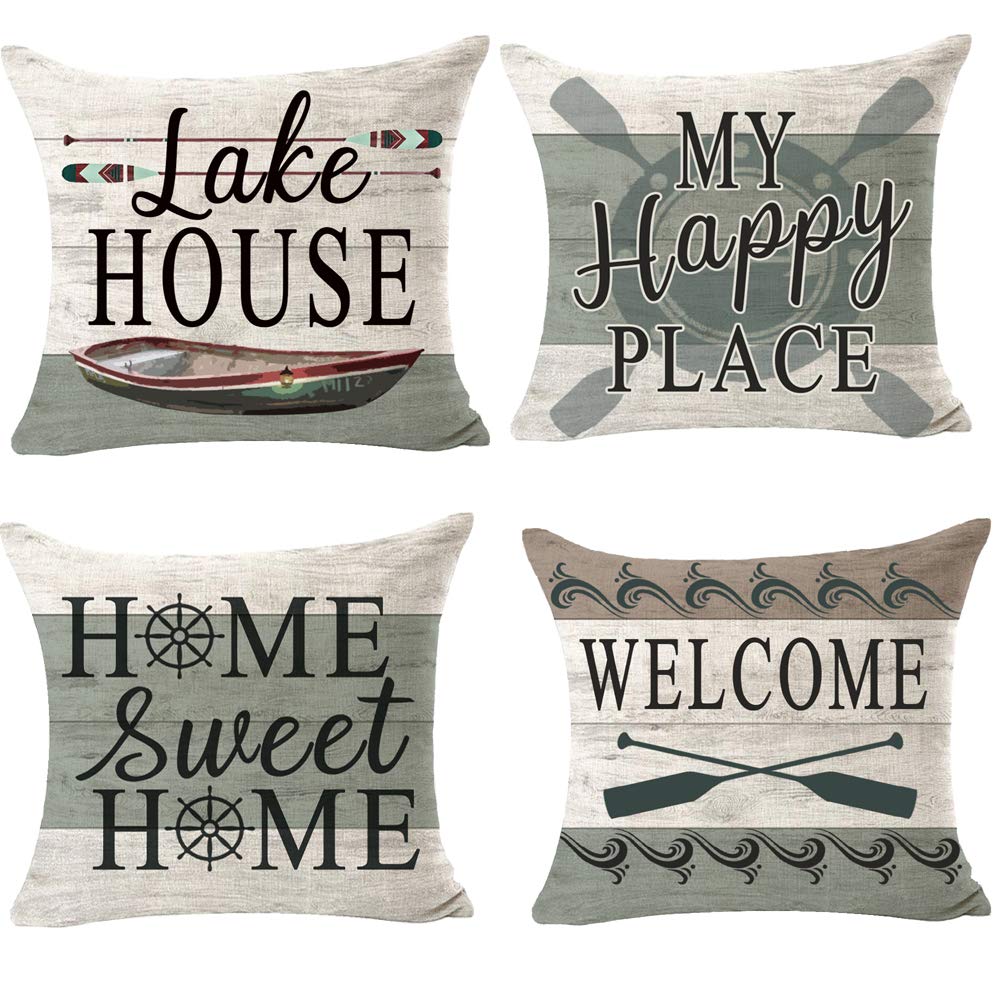 ITFROITFRO Set of 4 Nice Summer Gift Lake House My Happy Place Home Sweet Welcome Oar Rudder Wood Grain Cotton Linen Square Throw Pillow Cover Cushion Case for Sofa Home Farmhouse Decor 18X18 Inches (Bb2)