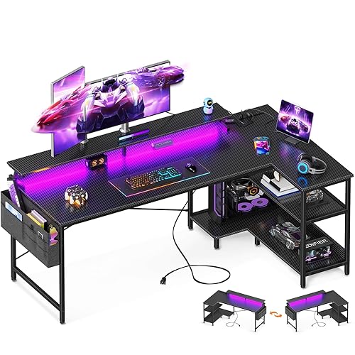 ODK 66 Inch Gaming Desk with USB Charging Ports and LED Lights, Reversible L Shaped Computer Desk with Storage Shelves & Monitor Stand, Corner Gamer Desk Table with Power Outlets, Carbon Fiber Black - Carbon Fiber Surface, Black - 66 Inch