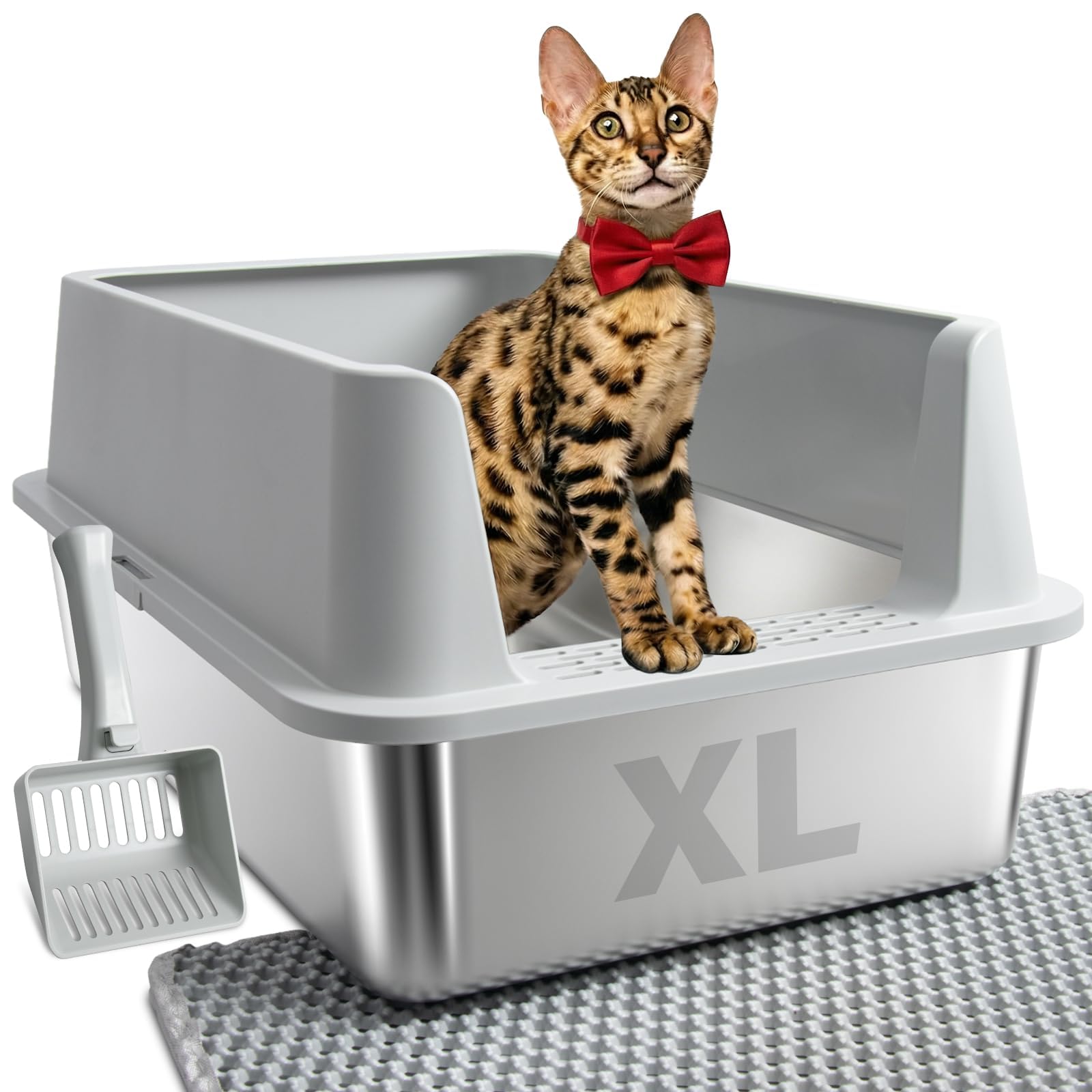Stainless Steel Litter Box, Extra Large Litter Boxes for Big Cats, XL Metal Cat Litter Box with High Sides Lid, Anti-Urine Leakage, Never Absorbs Odors, Easy Cleaning, Non-Stick, Include Scoop and Mat