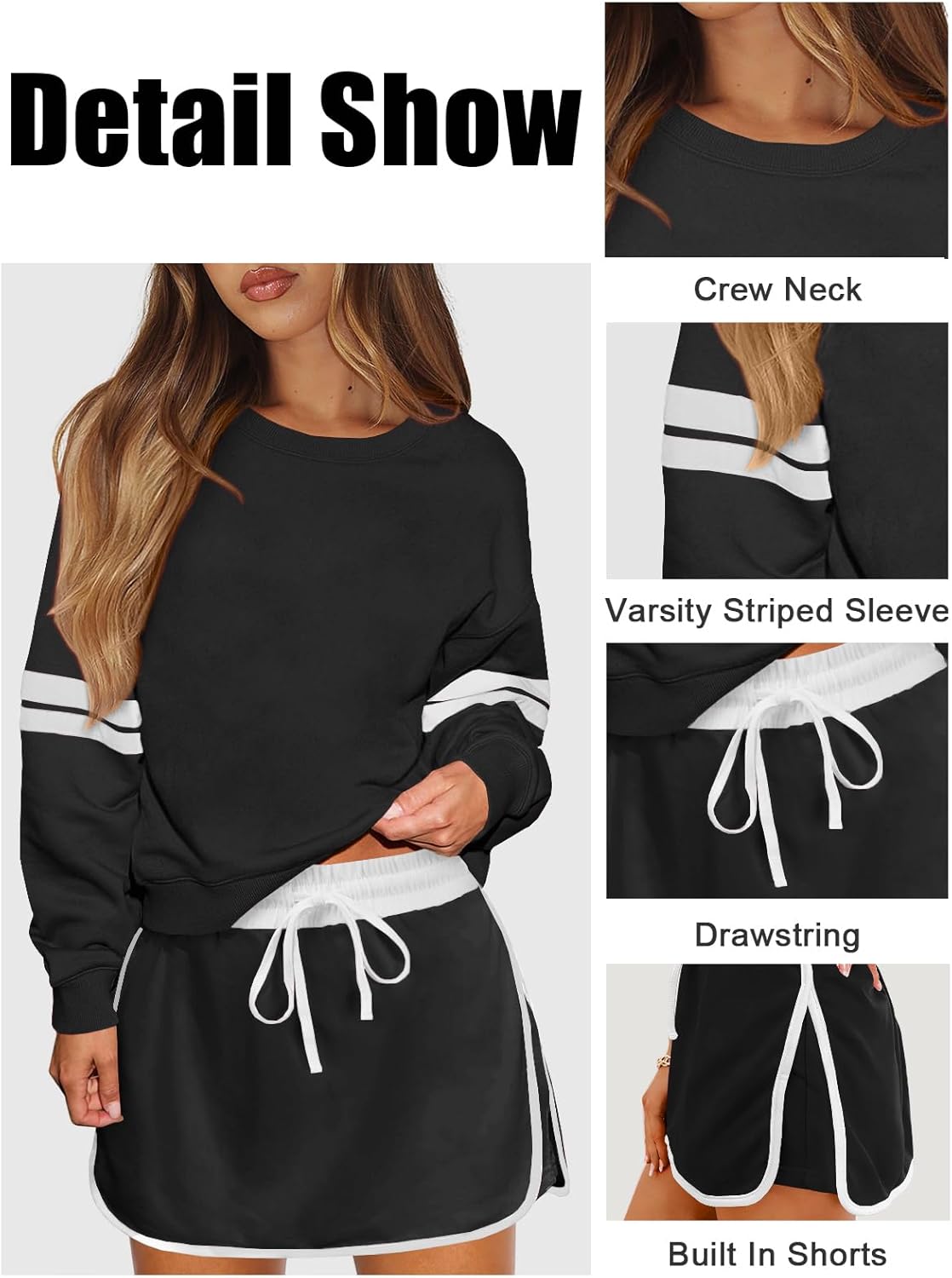 Women's Striped Sweatsuits 2 Piece Set Crewneck Sweatshirt Skort Sets Fall Athletic Tennis Golf Matching Outfits - Image 3