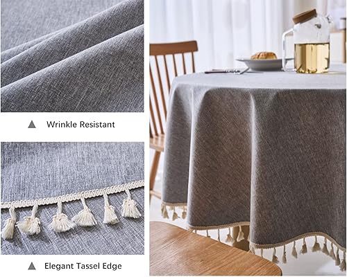 Miniatura 10 de Mantel redondo con textura de lino con ribete de encaje, impermeable, a prueba de derrames, para decoración de mesa de cocina, comedor, beige,